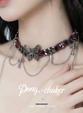 亚文化辣妹项链甜酷蝴蝶皮革朋克小众缠绕铆钉流苏颈链