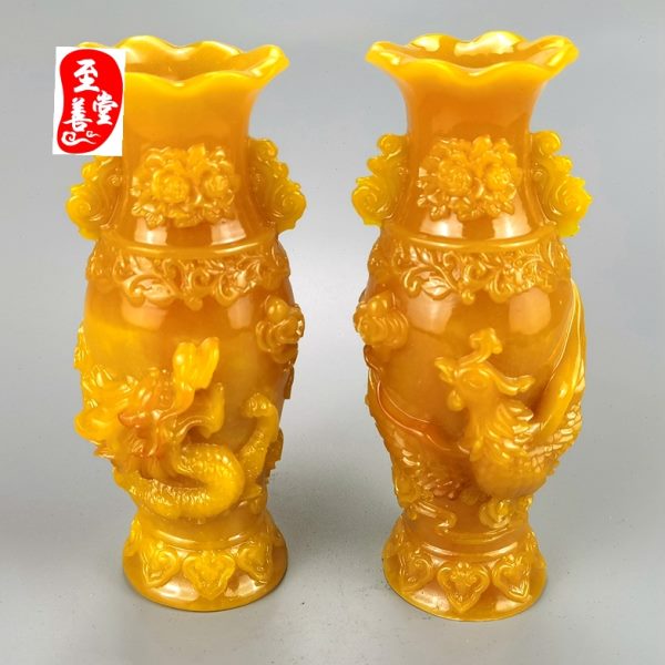 仿玉石原石仿古寿山石雕田黄石龙凤花瓶一对客厅装饰摆件