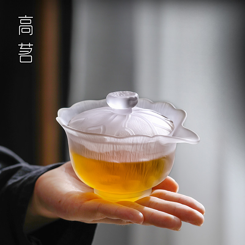 普洱茶专用盖碗单个不烫手白色磨砂玻璃泡茶碗功夫茶具琉璃手抓壶