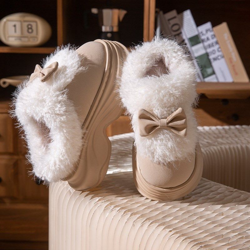 2025新款蝴蝶结毛绒棉拖鞋女巨厚底时尚保暖舒适毛领边防滑棉拖女,居家布艺,居家棉拖/棉鞋,淘宝优惠券,粉丝福利购,淘宝优惠卷