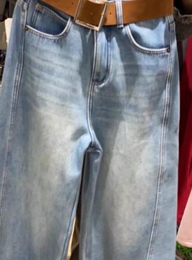 DIMO8633冬款高腰复合绒显瘦弯刀牛仔阔腿裤女宽松百搭筒裤