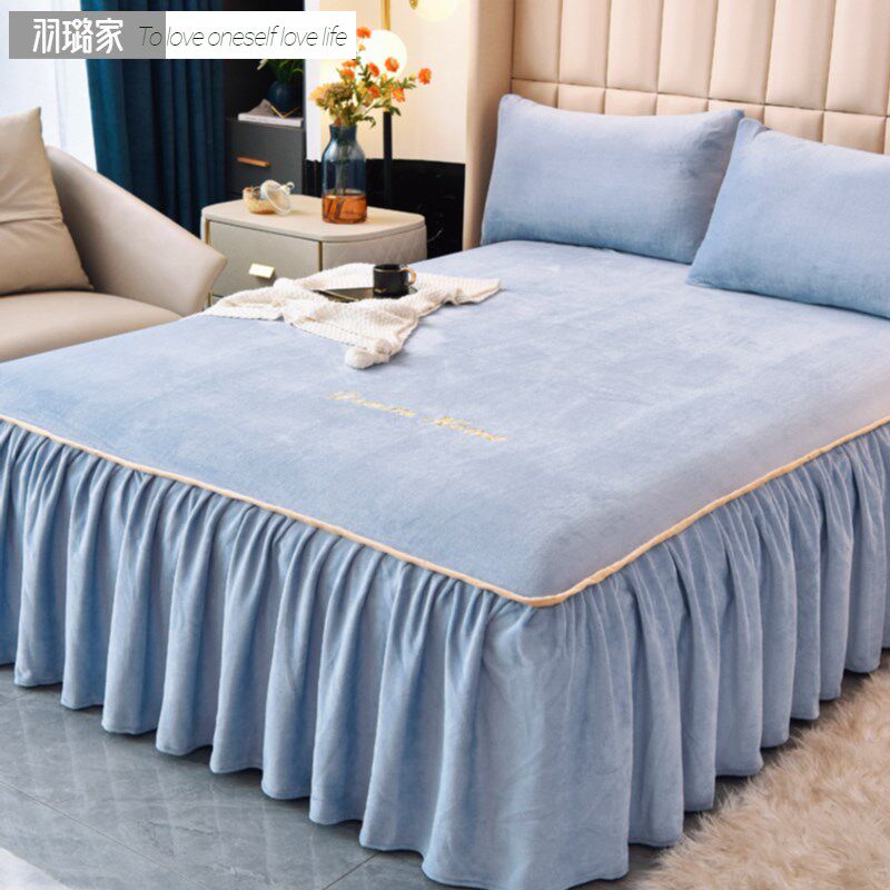 冬季保暖纯色床裙罩单件加厚法莱绒床罩水晶绒2022新款床套