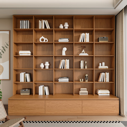 橡木定制书房满墙卡座一体书柜书架客厅到顶全实木摆件整墙展示柜