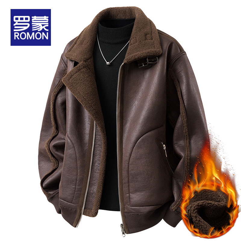 罗蒙复古机车皮衣外套男冬季加厚