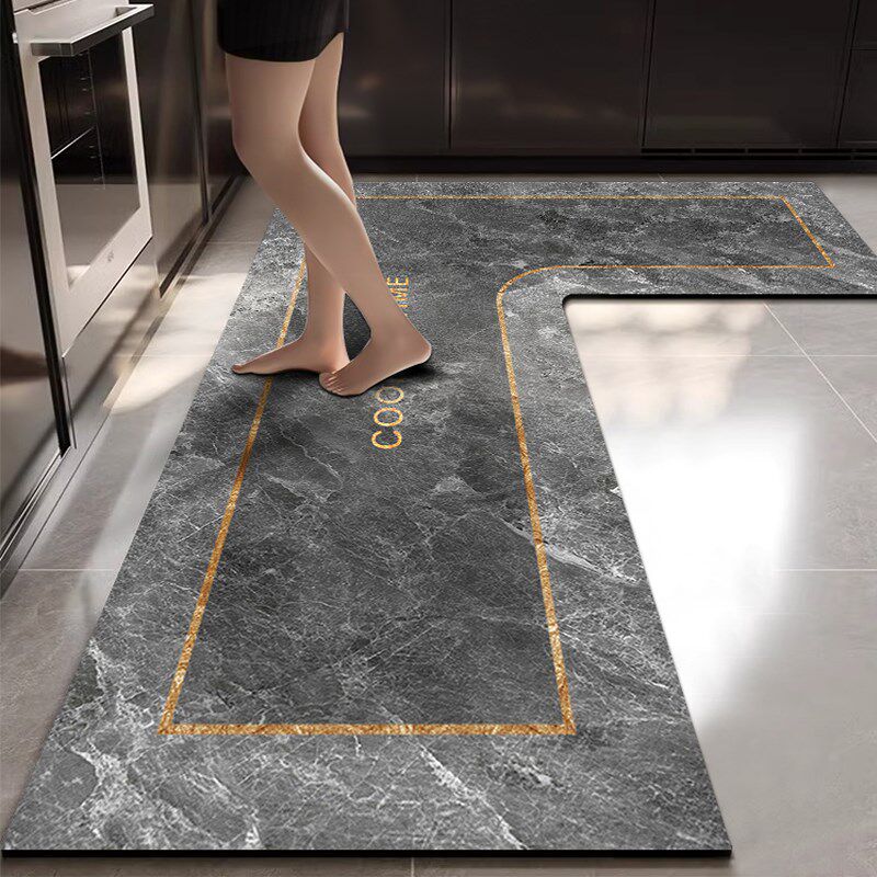 大理石纹L形厨房硅藻泥软垫x吸水吸油可擦免洗地毯高级感耐脏防摔