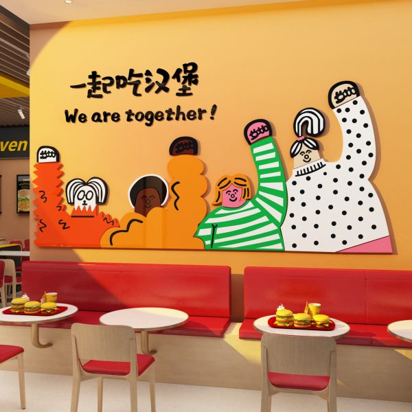 网红汉堡店墙面装饰画炸鸡厅场景布置用品玻璃门创意背景墙壁贴纸图片