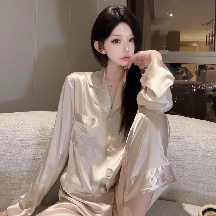 香槟金韩版烫钻高级感冰丝睡衣女夏季短袖长袖网红缎面家居服套装