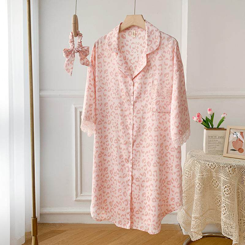 睡裙女夏季冰丝性感粉色豹纹衬衫睡衣/家居服套装