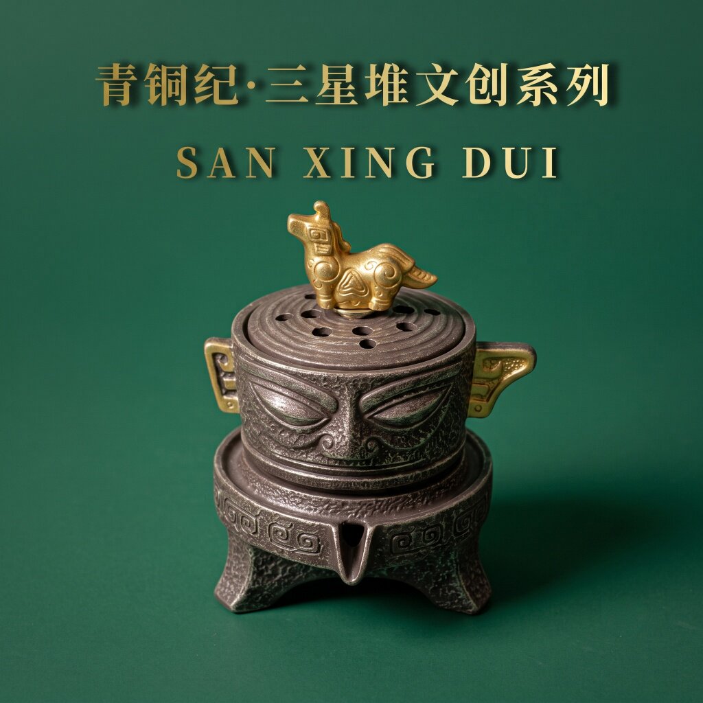 三星堆文创系列茶道香炉盖子可旋转复古雕花陶瓷盘香熏香炉摆件