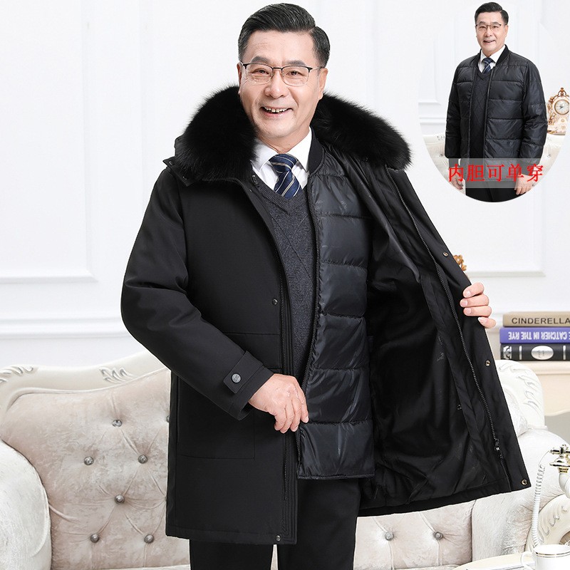 加厚活里活面爸爸羽绒服男士中长款大码毛领中老年可拆卸爷爷冬装