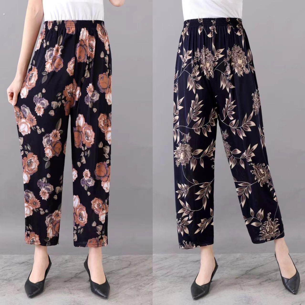 中老年妈妈裤子打底夏季薄款老人花裤大码宽松女裤冰丝九分奶奶裤