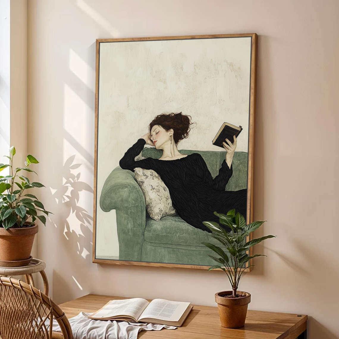 抽象人物沙发装饰画卧室读书女孩背景墙壁画客厅复古小众艺术挂画