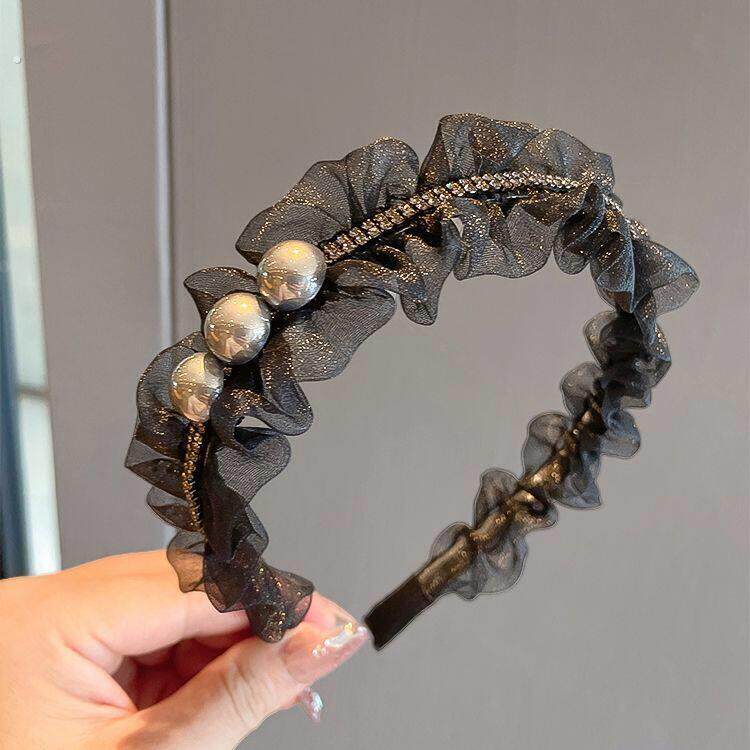 新款黑色褶皱女款发箍宽边褶皱珍珠发箍发饰高颅顶显发量头饰发夹