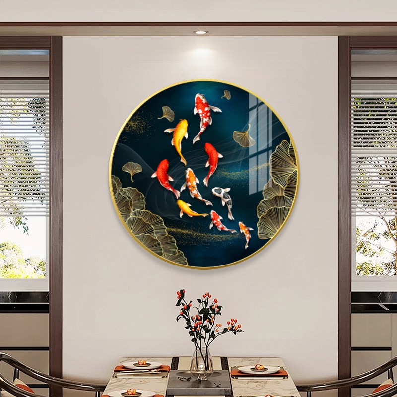 九鱼图玄关装饰画镶钻新款高端轻奢高级入户挂画客厅餐厅圆形壁画图片