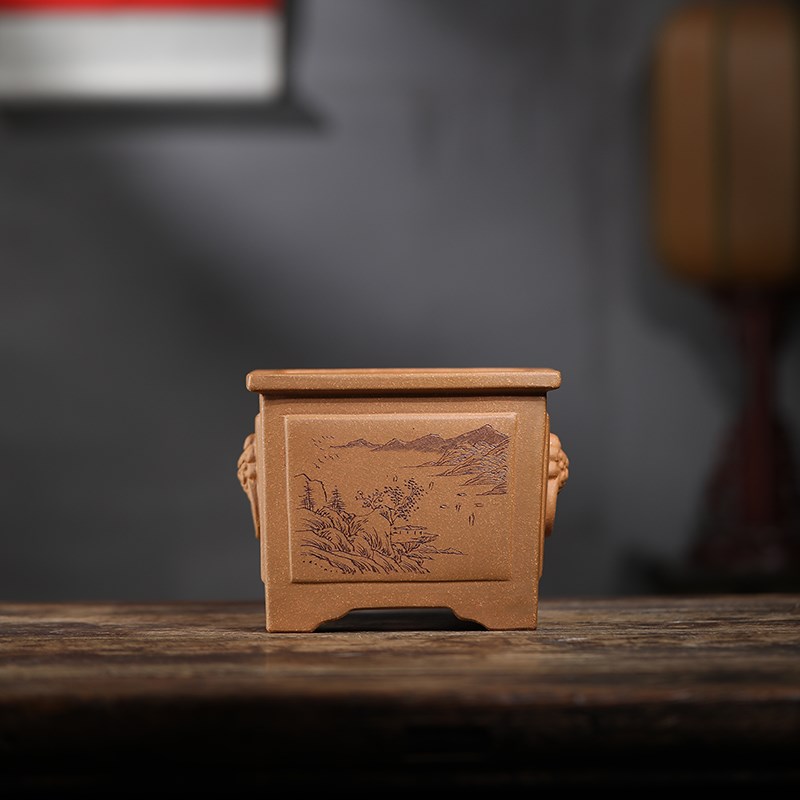 清香阁紫砂 降坡泥狮首奎面四方花盆 桌面手工古典盆景绿植兰花器