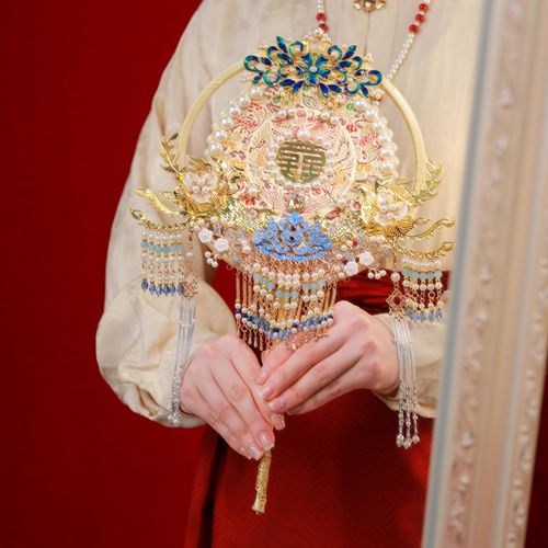 新娘结婚团扇diy材料包中式婚礼古风汉服喜扇金色重工秀禾扇成品
