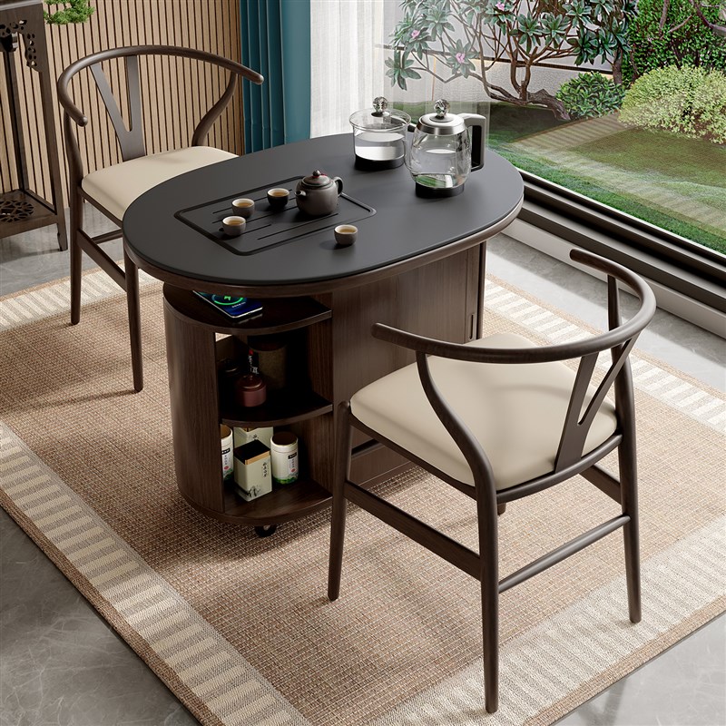 阳台茶桌新款高端实木茶车小户型岩板茶台可移动嵌入式侧边茶水柜