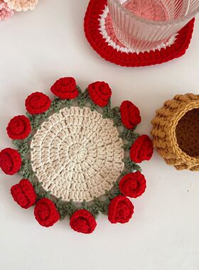 玫瑰花手工编织毛线diy束迷你毯子材料包钩针创意礼物杯垫非成品