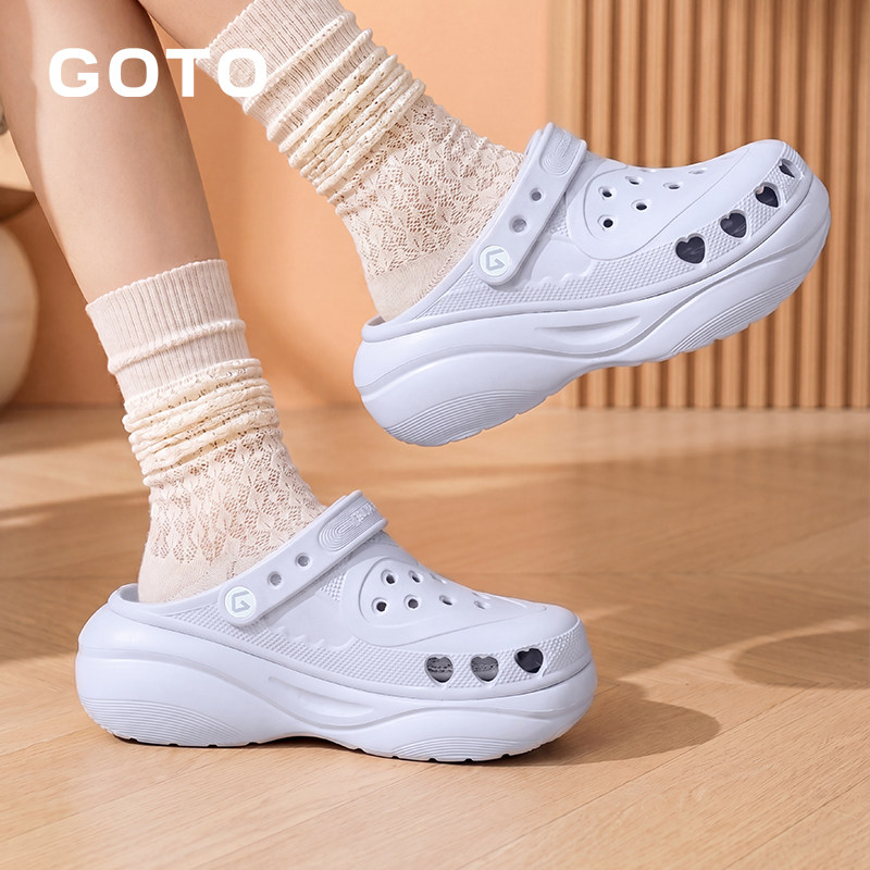 GOTO桃心洞洞鞋女款厚底增高凉鞋2026新款沙滩鞋防滑防臭外穿拖鞋