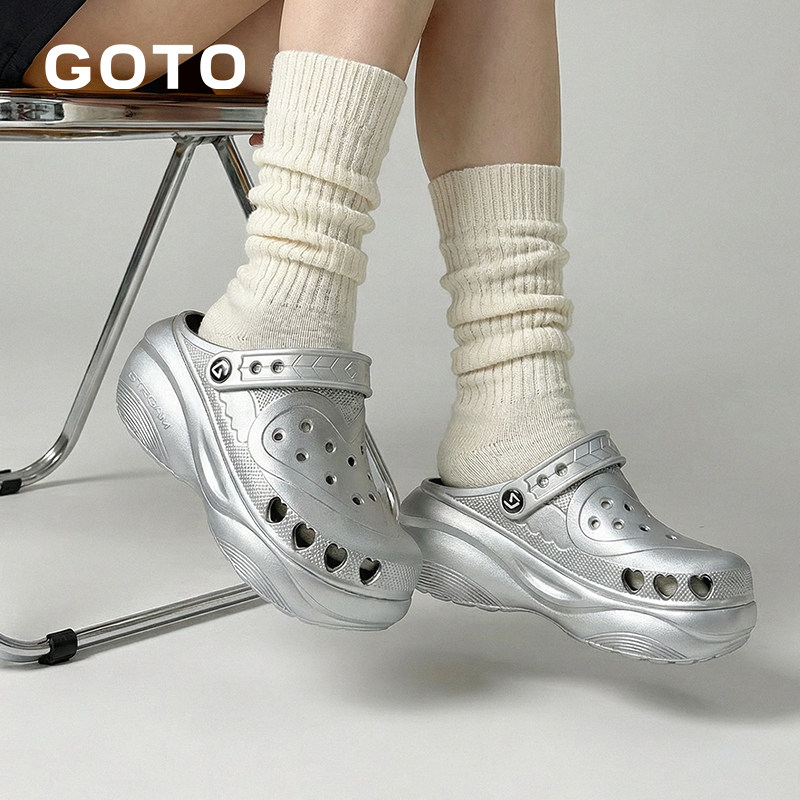 GOTO桃心洞洞鞋女款银色厚底增高鞋子2026新款凉鞋防滑防臭拖鞋