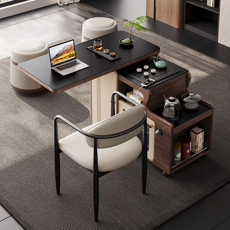 移动阳台小茶车岩板茶几边几小户型可旋转家用实木泡茶桌多功能