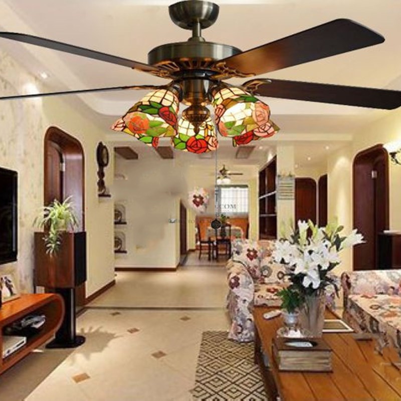 包邮至满亿高档5头电风扇客厅餐厅艺术吊灯田园欧式玫瑰花吊扇灯