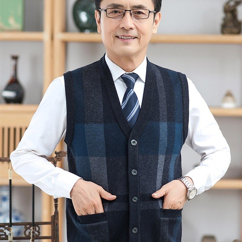 秋冬款老人爷爷加厚毛线背心中老年男士爸爸加绒保暖针织毛衣马甲