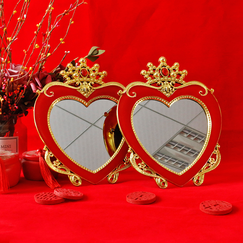 结婚镜子一对女方陪嫁美妆镜双面折叠镜红色台式化妆镜便捷新娘镜