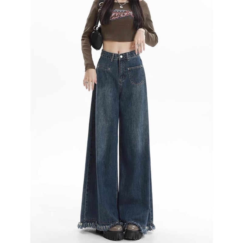 微胖女生穿搭大码美式毛边牛仔裤女胖妹妹高腰mm显瘦直筒拖地长裤