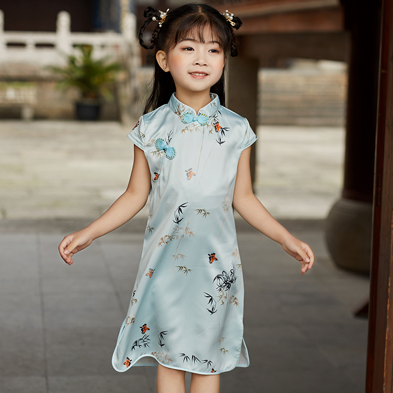女童旗袍春夏季复古连衣裙2023新款儿童唐装中国风女孩丝绸裙子