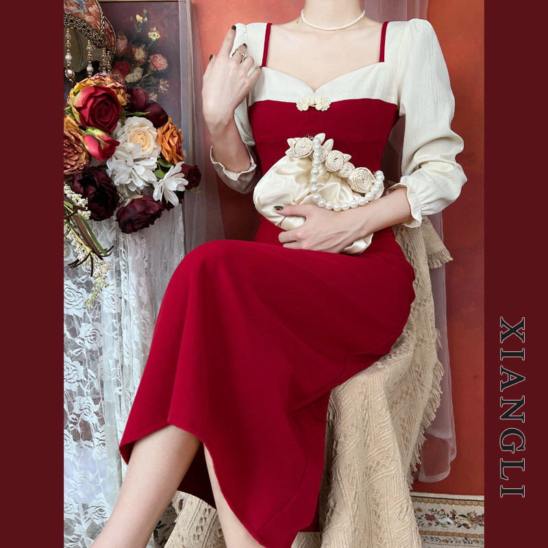 巷里复古改良版旗袍年轻款拼接修身长袖新中式国风气质红色连衣裙