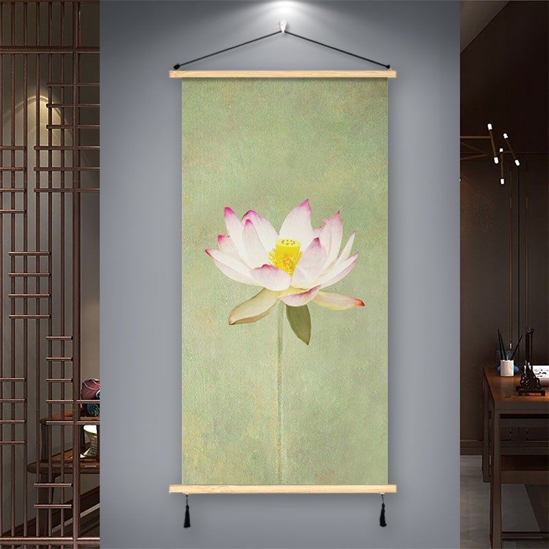 中式荷花挂画荷叶莲花装饰画国画办公室书房间背景墙免打孔挂布艺