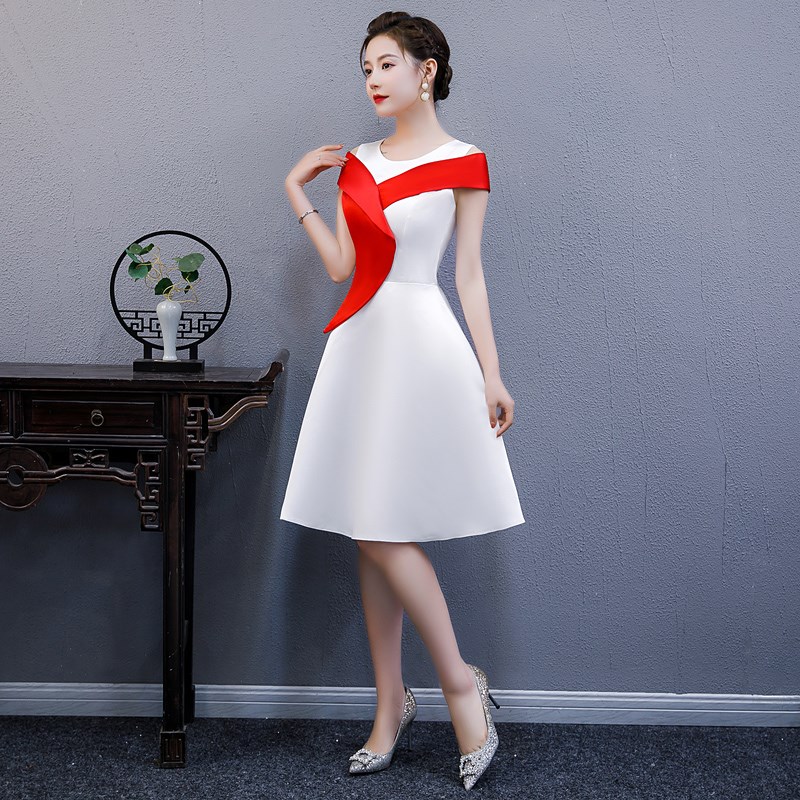 小晚礼服裙女白色礼仪服装颁奖演讲比赛朗诵合唱团演出服主持人女