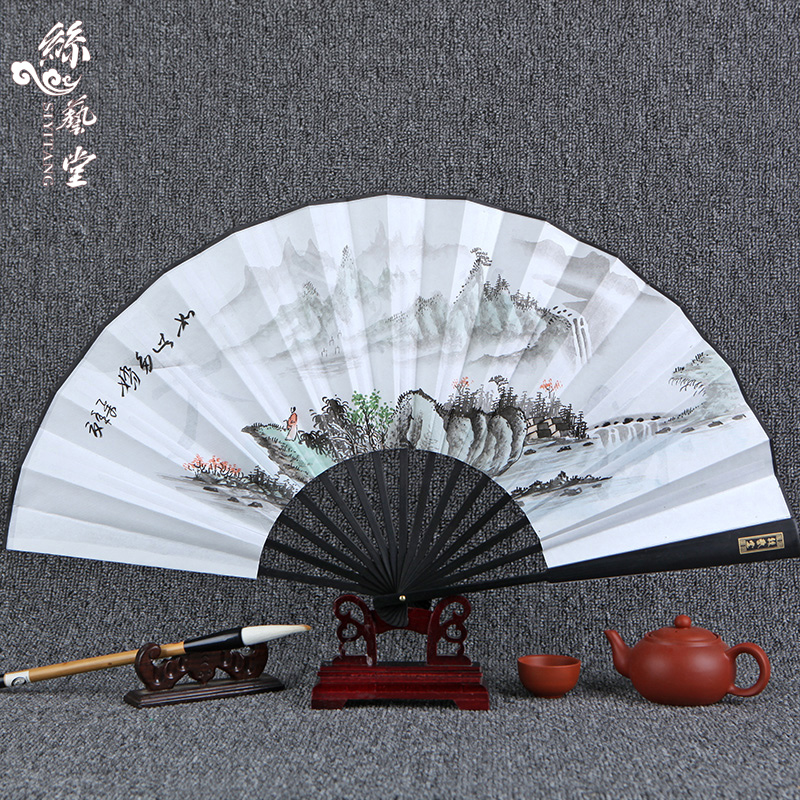 丝艺堂丝绸折扇男扇子 中国风特色礼品扇绘画 仿乌木手绘书法绢扇