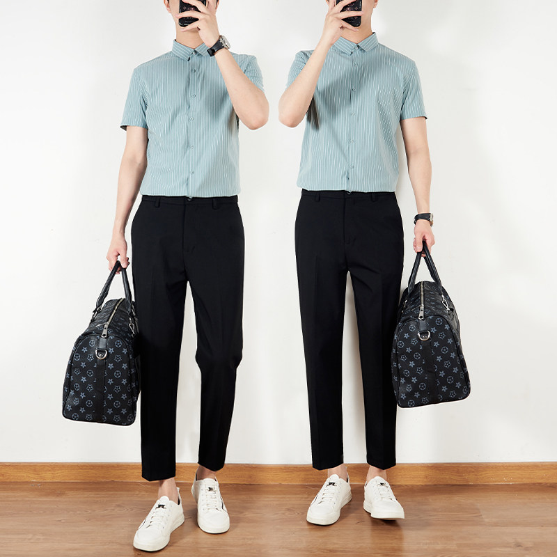 衬衫男生短袖高级感夏季新款商务正装两件套休闲衬衣西裤男士套装