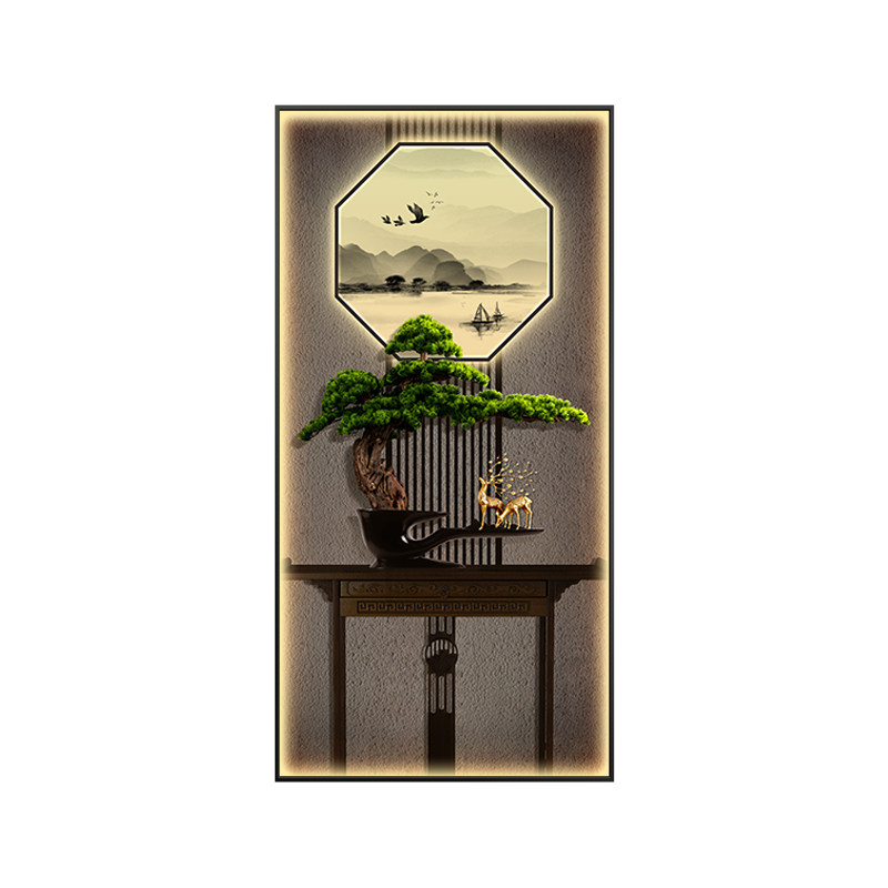 新中式玄关装饰画带led灯入户门正对墙画客厅走廊挂画高级迎客松