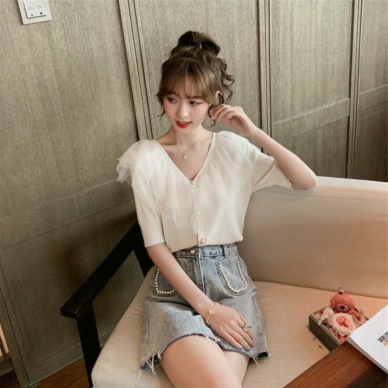女新款裙子法式上衣春夏V领两件套网纱2025女装雏菊超a针织衫套装