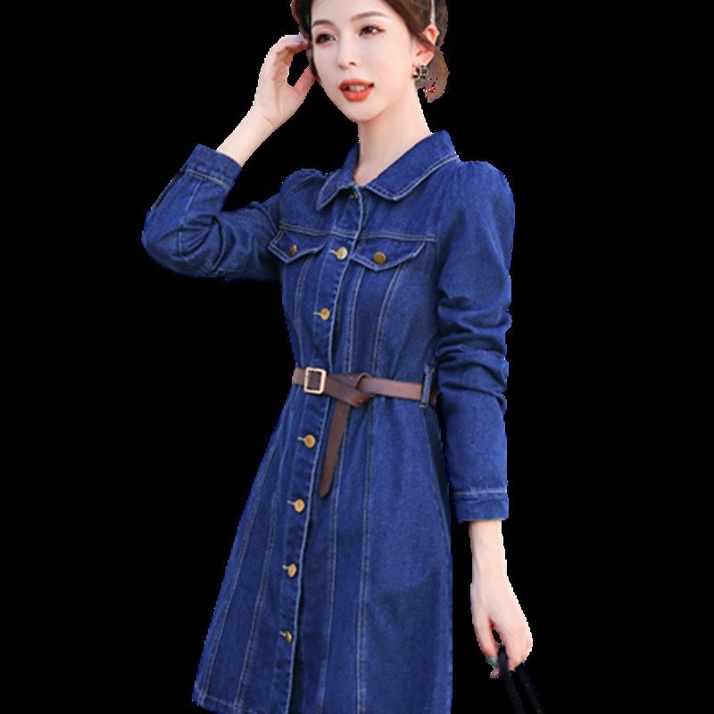 复古收腰牛仔连衣裙2023春季新款气质显瘦高腰长袖a字短款裙子女