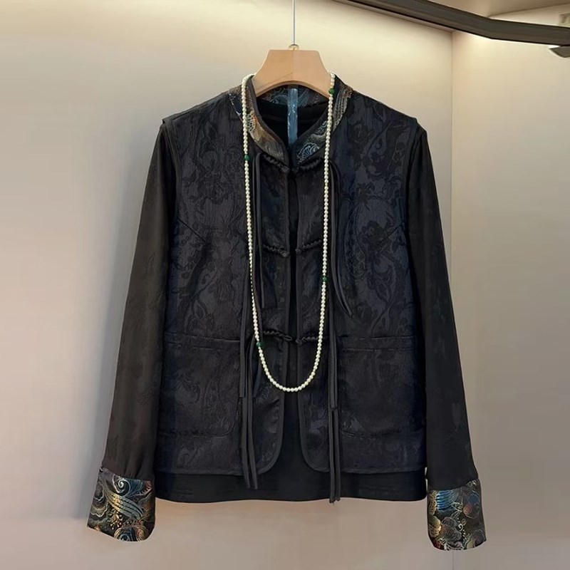 胖妹妹立领流苏盘扣马甲花朵袖口打底衫大码女装复古风百搭两件套