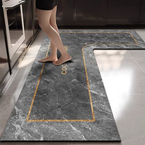 大理石纹L形厨房硅藻泥s软垫吸水吸油可擦免洗地毯高级感耐脏防摔