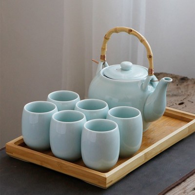 2024新款豆i青提梁壶茶具套装家用青瓷泡茶壶茶杯茶盘陶瓷大号简