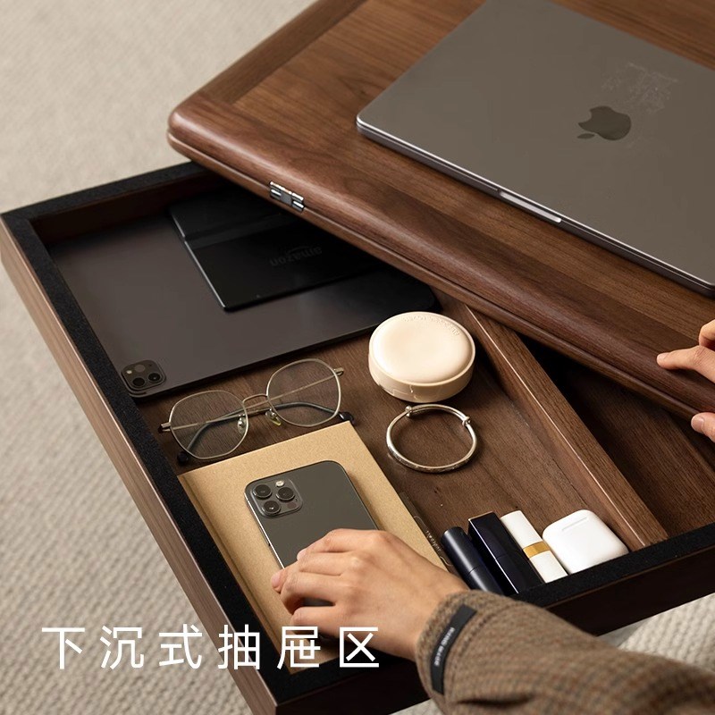 黑胡桃木全实木可升降沙发移动边几家用小户型收纳小X茶几折叠餐