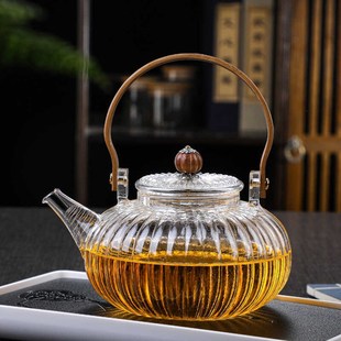 耐热玻璃竹把提梁壶锤纹南瓜w玻璃煮茶壶耐高温泡茶壶煮茶器复古