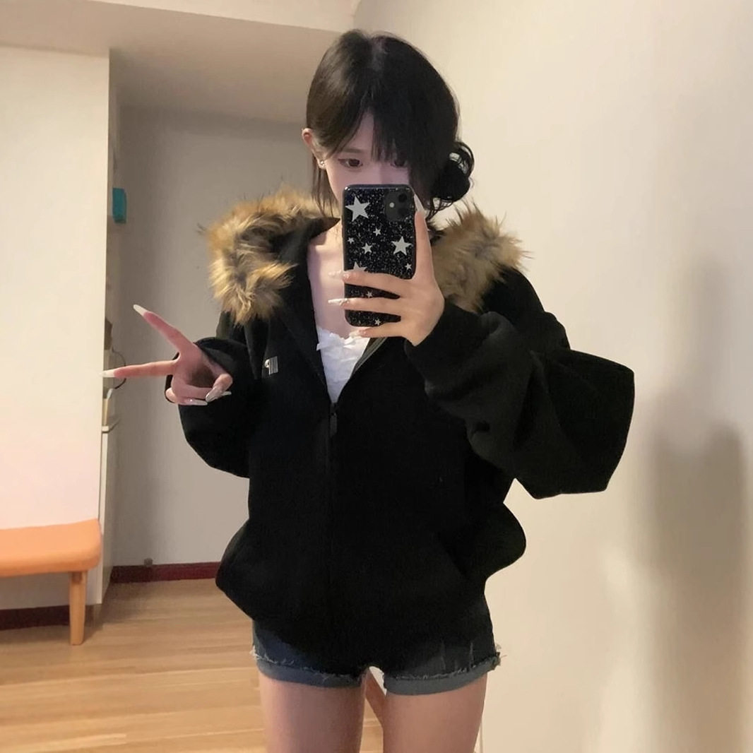 美式复古潮牌毛领拉链开衫连帽卫衣女秋冬季情侣高级感休闲外套潮