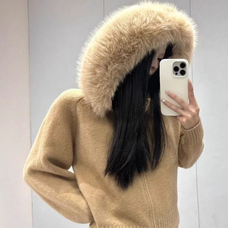 2025韩国复古秋冬针织开衫女宽松休闲百搭长袖毛领连帽毛衣外套女