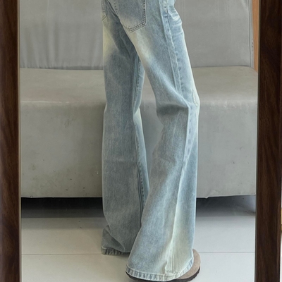 小个子蕾丝拼接不贴腿微喇牛仔裤女低腰显瘦浅色拖地马蹄裤