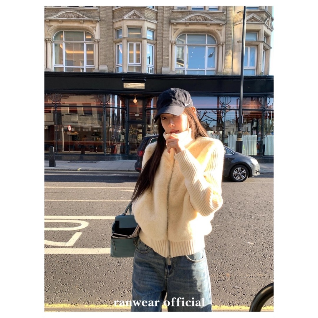 网图涩谷来电很爱小众复古针织拼接环葆皮草假两件毛毛外套