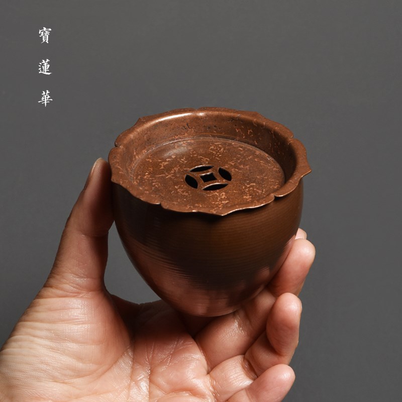 手工制莲花e盖紫铜建水 小巧铜水盂水洗茶洗 茶道茶渣斗烟灰缸笔