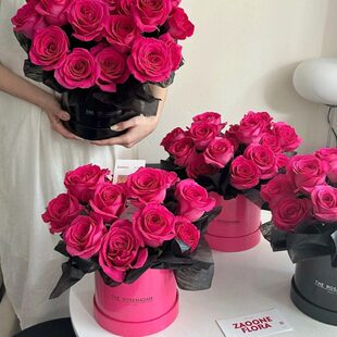 桶圆形包装盒玫瑰二插花银色花束面桶情人节花盒抱抱圆筒套亮小号