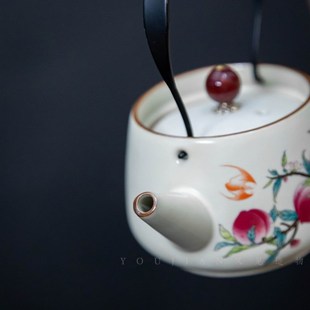 泡茶壶 黄汝陶瓷九桃五福提梁壶复古简约家用带J茶杯功夫茶具套装